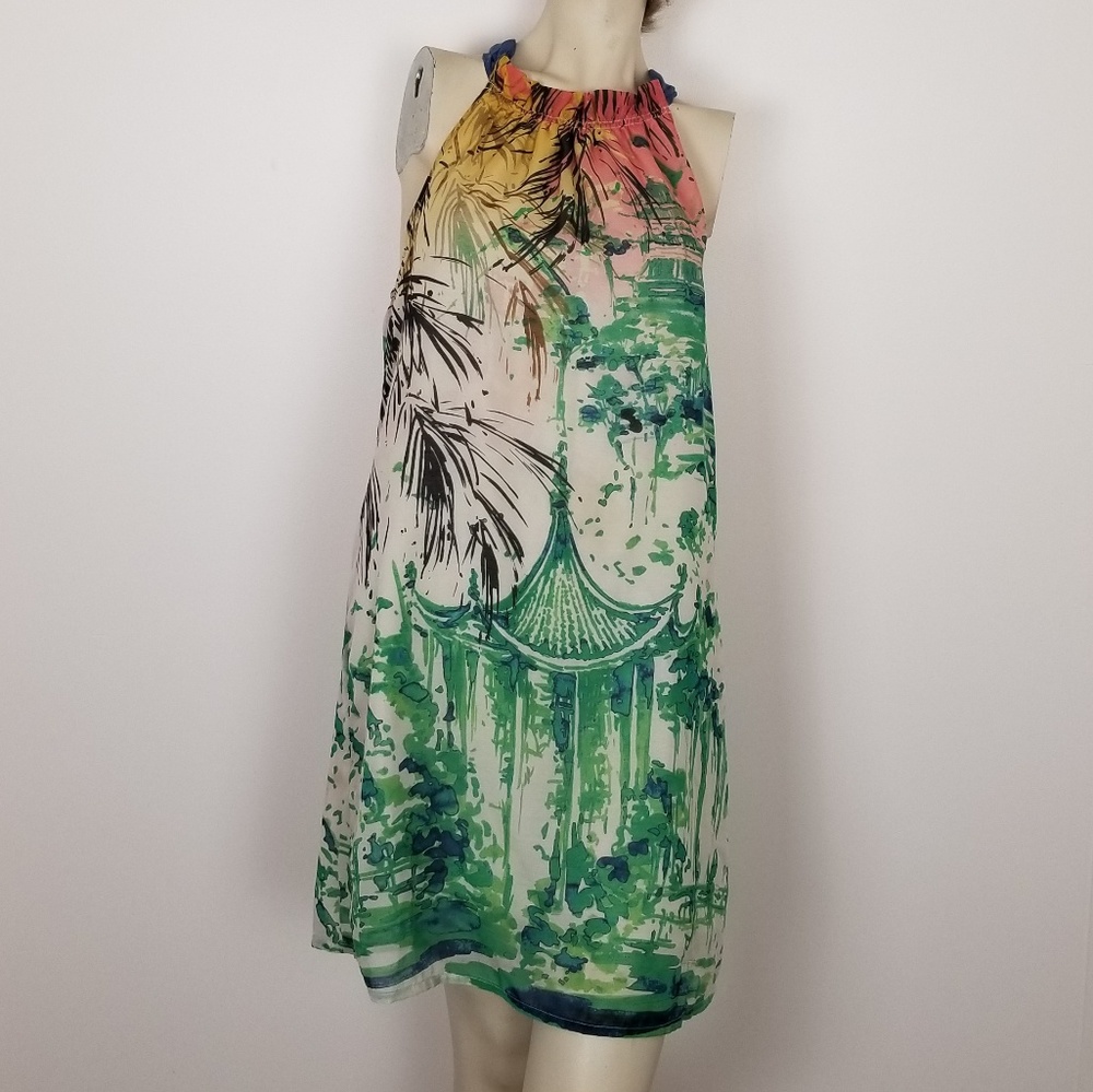 Lavand halter dress. Size large. Water Color Japanese Garden Print. Asian Themed